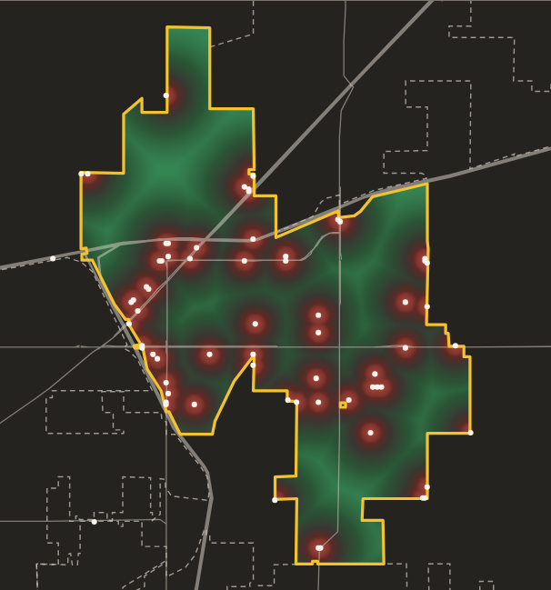 Heat map of Altoona shaded red near community-mapped cameras and green far from them, the map's default view.