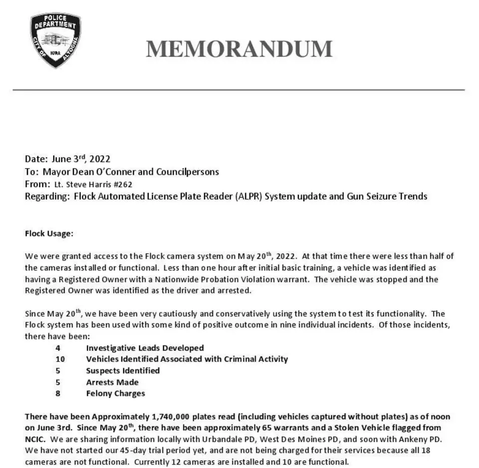 Top of an Altoona Police Department memorandum dated June 3, 2022, to the Mayor and Councilpersons from Lt. Steve Harris, regarding a Flock automated license plate reader system update and gun seizure trends. Under Flock Usage it says the department got access to the Flock camera system on May 20, 2022, lists the outcomes so far, gives the approximate number of plates read as of noon on June 3, and says 12 cameras are installed and 10 are functional.