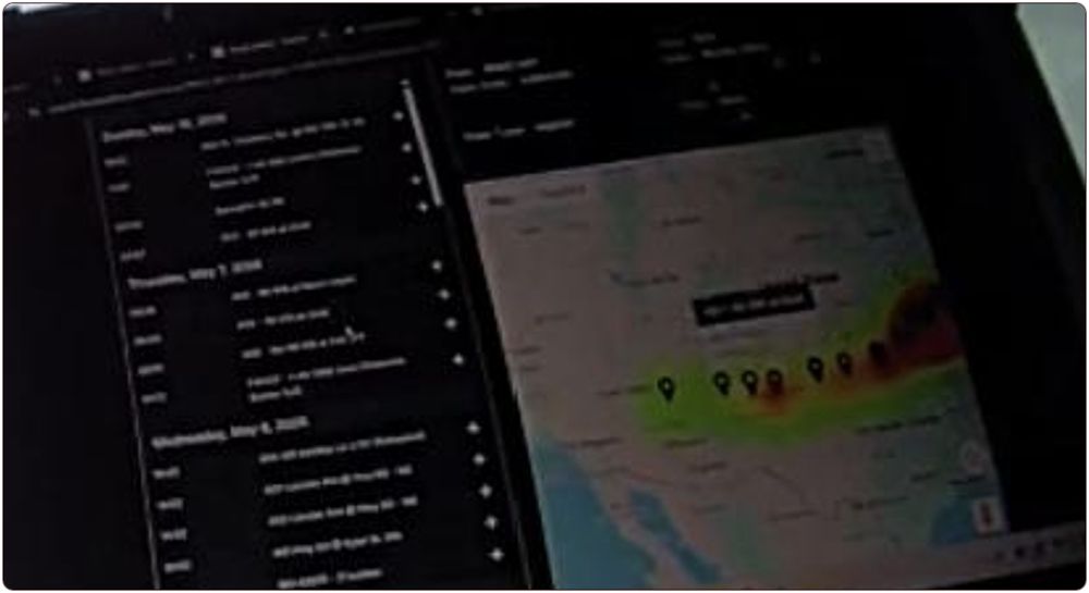 A second blurry bodycam frame of the same screen, closer: the dated sightings list and the map with a row of pins and heat-map shading along the route.